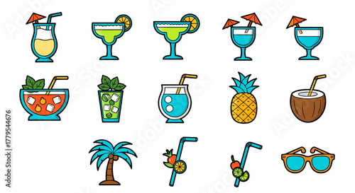 Vibrant summer cocktails icons set for tropical vacation designs and party promotions