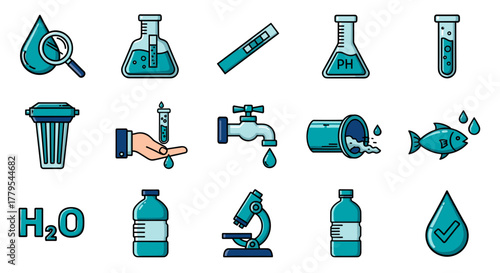 Clean water icon set showing filtration, purity, testing, and hydration, vector design