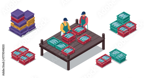 Fishermen organizing fresh catch on pier with colorful crates in isometric style