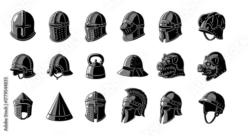 Pixelated medieval helmets for games, fantasy, historical design, armor, battle, and war set