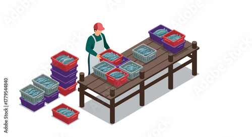 Fish market vendor organizing fresh seafood on wooden table in isometric style