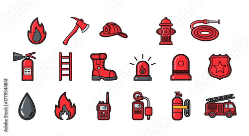 Essential firefighting equipment icons for emergency response and safety awareness projects