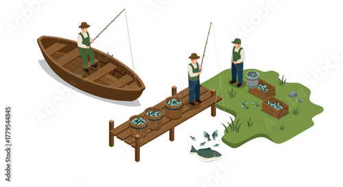Isometric fishing scene with anglers on boat and dock in nature setting
