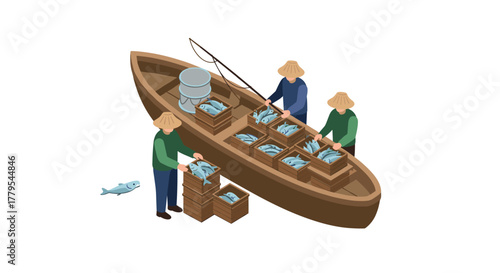 Isometric fishermen loading fresh fish onto boat for market sale