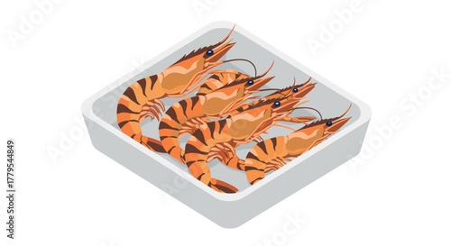 Freshly caught prawns in a box container on white background