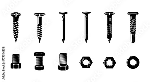 Assorted screws, nails, bolts, and nuts in vector format for construction and DIY projects