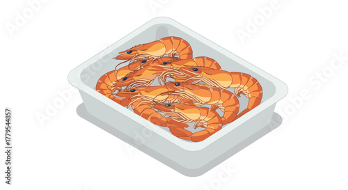 Isometric prawn seafood box fresh orange shrimps in container