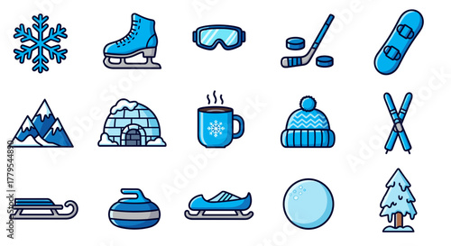 Winter sports and activities icons for holiday fun and recreation, originally vector
