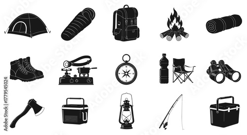 Camping gear essentials for outdoor adventures vector art: tent, backpack, campfire, and more