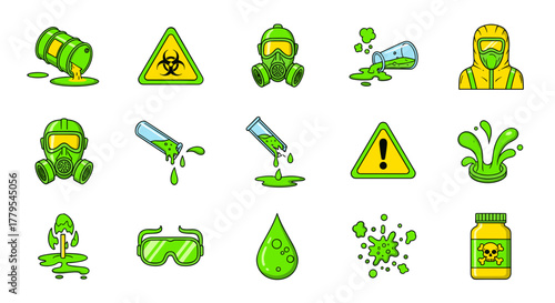 Hazardous materials, toxic waste, danger icons set, biohazard and radiation warning signs
