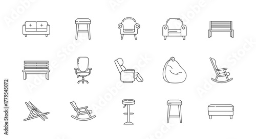 Diverse collection of furniture icons, modern and classic seating options for any space