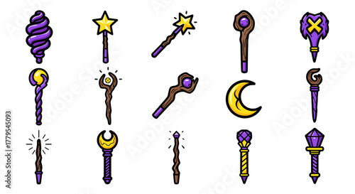 Magical wands collection for enchanting games and fantasy art, whimsical wizarding style