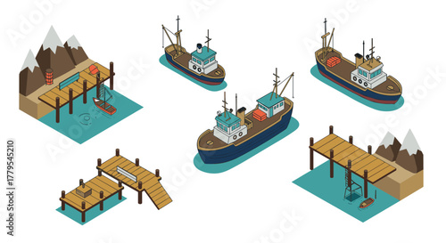 Isometric harbor scene with cargo ships and docks