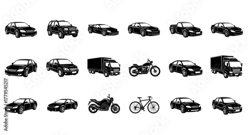 Diverse collection of modern vehicles including cars, trucks, motorcycles, and bicycles