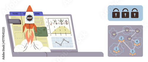 Rocket labeled MVP launching from laptop with charts, task boards, and secured locks. Ideal for innovation, productivity, data visualization, cybersecurity, product launch planning teamwork. Simple