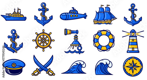 Nautical icons set exploring sea adventure and maritime themes for design