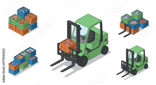 Isometric forklift with colorful cargo crates for warehouse and logistics concept