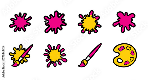 Vibrant paint splashes and artist brushes create dynamic artistic expression and creativity