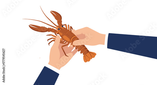 Holding lobster seafood in hands with blue jacket in flat design