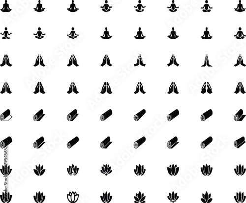 Yoga icons and wellness symbols set including meditation posture, namaste gesture, yoga mat, and lotus flower for fitness practice