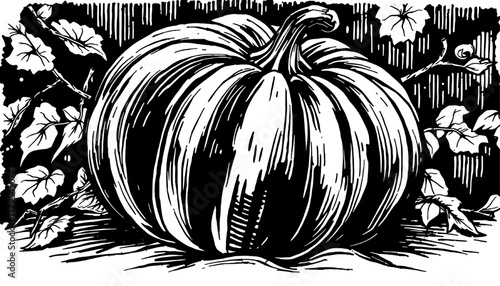 a bold black and white illustration of a pumpkin surrounded by foliage