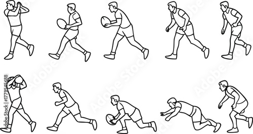 Dynamic rugby action sequence: Male player in motion, catching, running, and diving with the ball, showcasing energy and athleticism