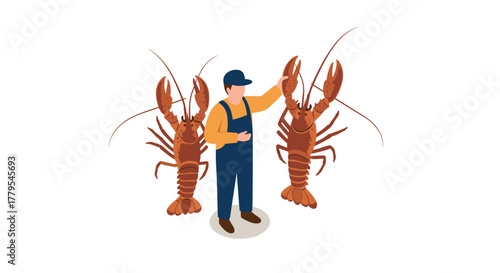 Fisherman with giant lobsters isometric seafood illustration