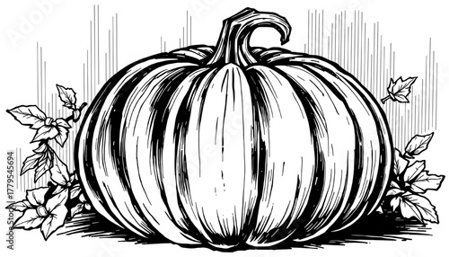 black and white line art illustration of a pumpkin with floral accents, perfect for autumn themes.