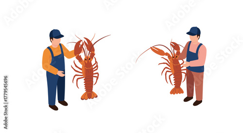 Fisherman holding lobster in isometric style