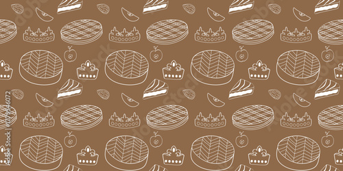 Seamless Pattern with traditionals French Galette des Rois pastries, crowns, apple, almond with a white outline on a kraft brown background. For bakery packaging, wrapping paper, Epiphany designs