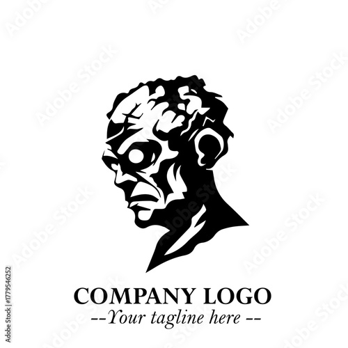 Head of Zombie Logo Symbol in Black on the White Background with Horror Minimal Vector Design