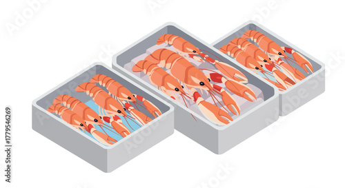Isometric fresh frozen shrimp packs in boxes for seafood preservation