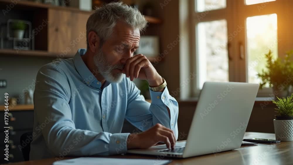 custom made wallpaper toronto digitalSenior man looking at laptop and gazing thoughtfully, business professional working from home office, warm sunset light, concept of remote work, senior care, business consulting.