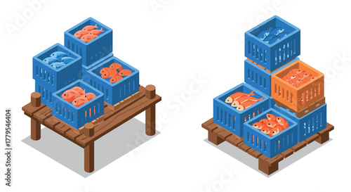 Isometric crate stacks with fresh fish on wooden pallet