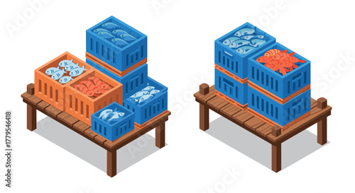 Isometric wooden fish market with blue and orange crates on display