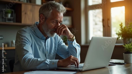 Wallpaper Mural Senior man looking at laptop and gazing thoughtfully, business professional working from home office, warm sunset light, concept of remote work, senior care, business consulting. Torontodigital.ca