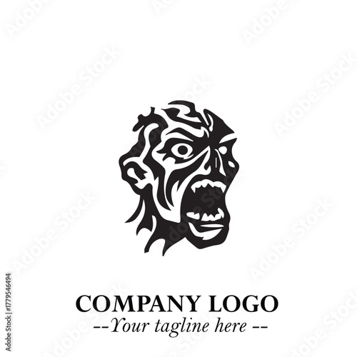 Head of Zombie Logo Symbol in Black on the White Background with Horror Minimal Vector Design
