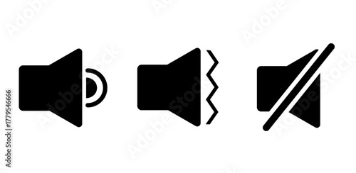 Speaker icon set, volume, mute, silent vibro for smartphone user interface in black color. Sound volume icons set with different signal levels on white background. Sound icon, volume symbol. Vector EP