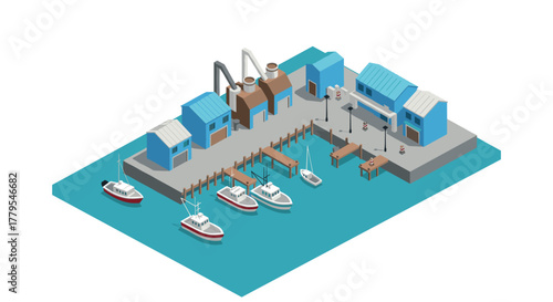 Coastal marine port with fishing boats and industrial buildings in isometric view