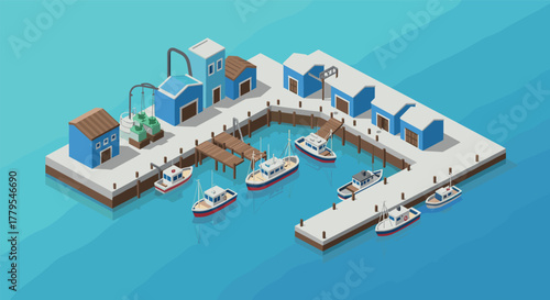 Isometric marina with boats and waterfront buildings on a sunny day