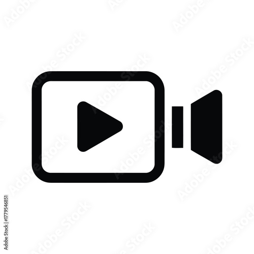 Simple black and white icon representing a video camera with a play button