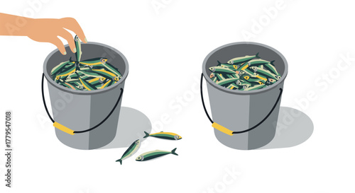 Hand placing fish in bucket with handles on white background