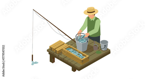 Isometric fishing scene with fisherman on wooden pier and fresh catch