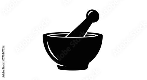 A black silhouette of a mortar and pestle, a common tool for grinding substances.