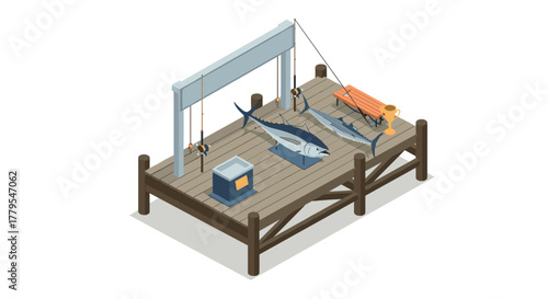 Isometric fishing trophy display on dock with tuna and equipment