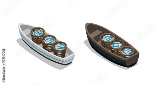 Isometric boats with seafood baskets on white background