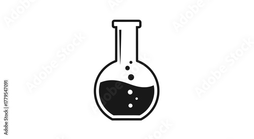 Illustration of a round bottom flask with liquid and bubbles, black and white.