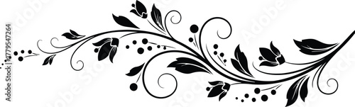 Elegant black swirling floral design with leaves and berries on white background