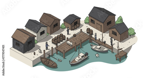 Historic harbor scene with wooden docks and boats in isometric style