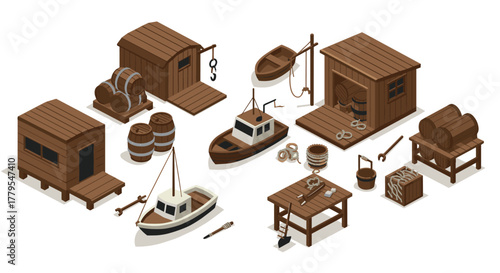 Isometric wooden harbor elements with boats, barrels, and dock structures